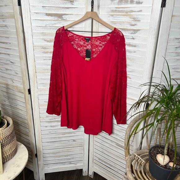 TORRID PLUS 4X 26 Georgette V Neck Lace Sleeve Blouse Top Jester Red NWT Flawed - Picture 5 of 15